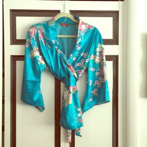 Blue with pink floral Asian print tie behind shirt